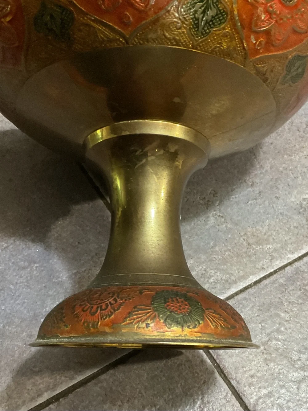 Decorative Brass Pedestal Bowl with Red and Green Enamel
